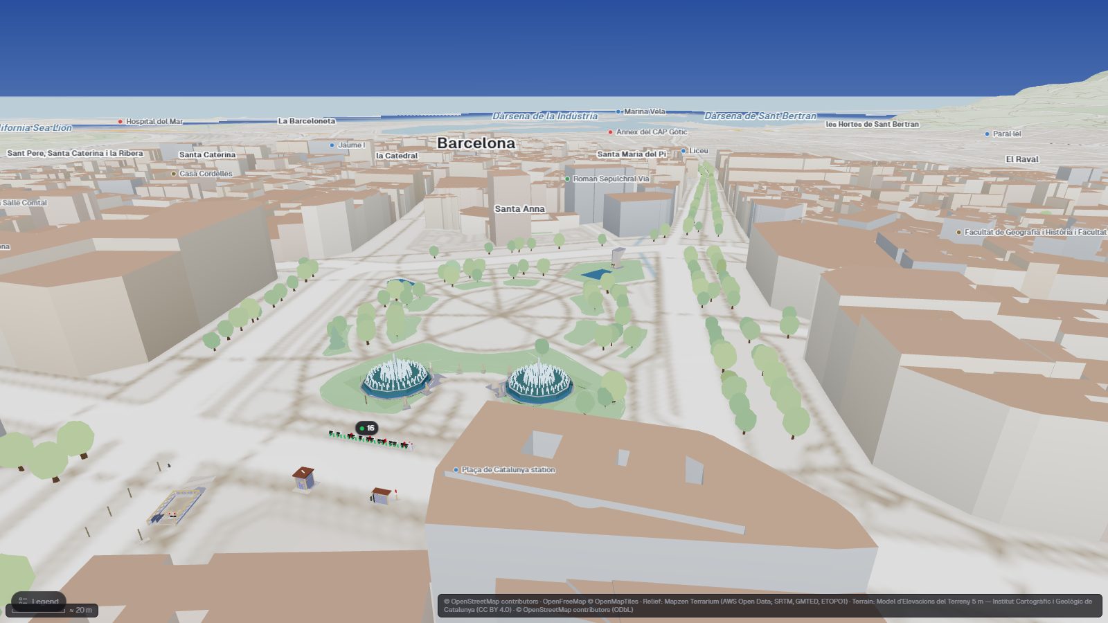 Plaça de Catalunya digital twin in IFC Viewer Online, with IFC models on the 3D map of Barcelona