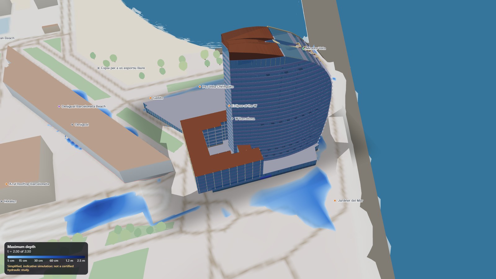 Simulación de inundación alrededor del IFC del hotel W Barcelona sobre el mapa 3D de la Barceloneta