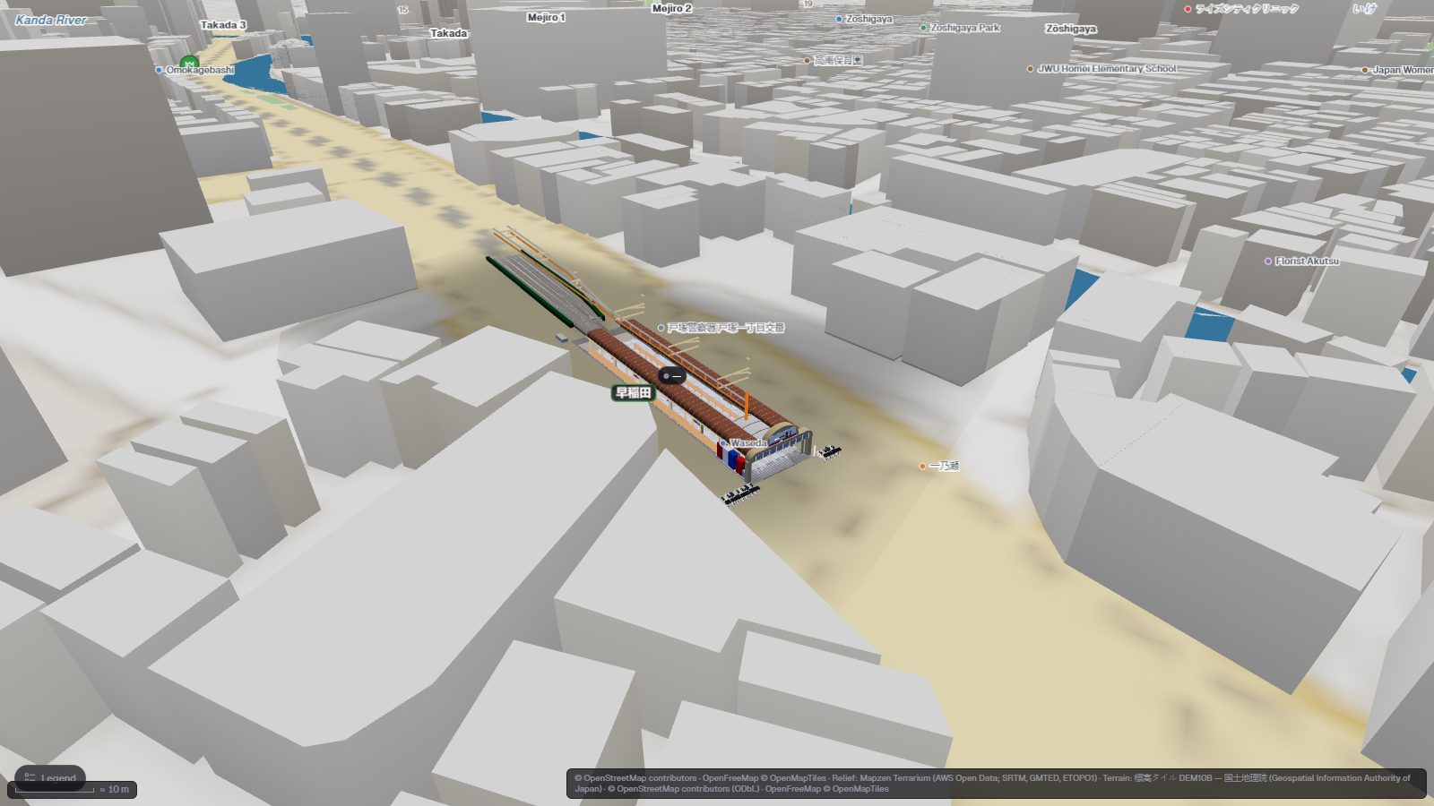 Waseda tram stop digital twin on the 3D map of Tokyo in IFC Viewer Online