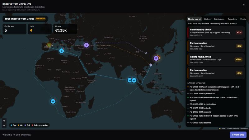 Import tracker map: purchase orders from China by sea, air and rail with the orders that need attention