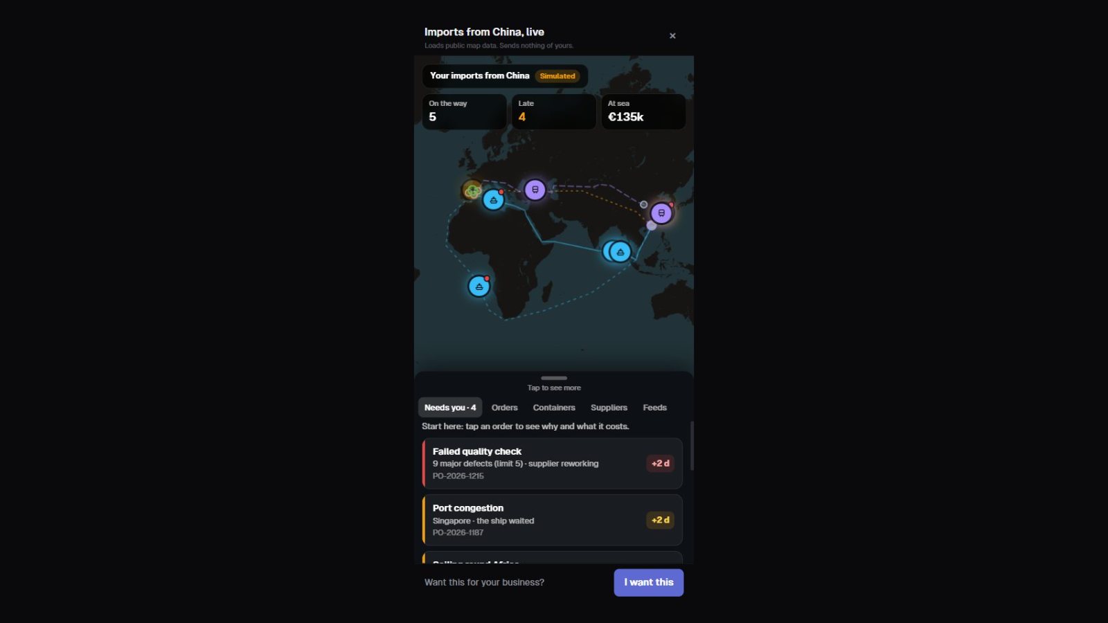 China import tracking dashboard on a phone with a bottom sheet of late orders