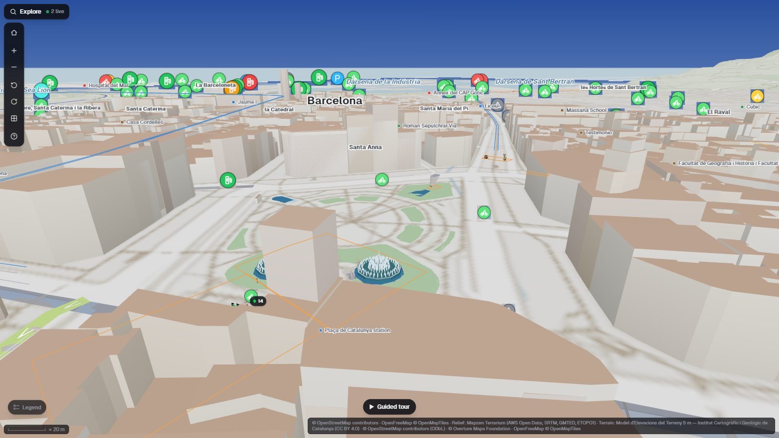 City digital twin of Barcelona: Plaça de Catalunya with live bikes, chargers and traffic