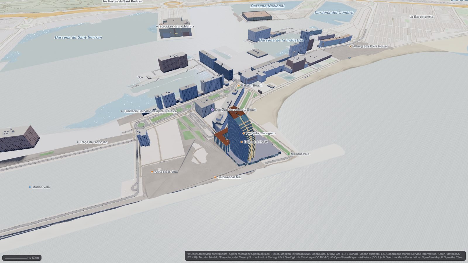 IFC viewer with a hotel BIM model placed in the real 3D city of Barcelona