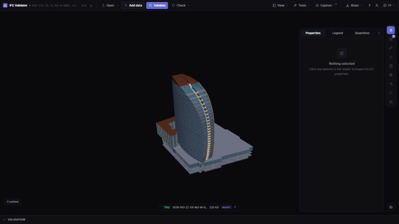 IFC viewer online showing the architecture, structure and MEP models of a curved hotel tower in 3D