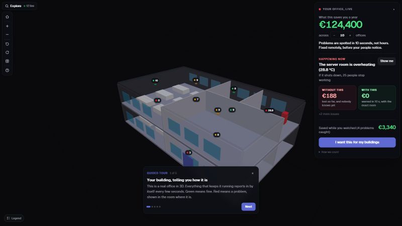 Office IT digital twin on an IFC building model: Wi-Fi access points, racks, UPS and cameras with live status