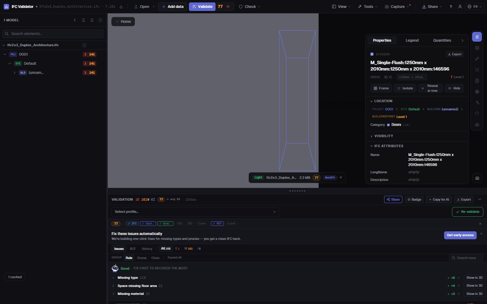 IFC file editor in the browser with a door selected and its location in the spatial tree